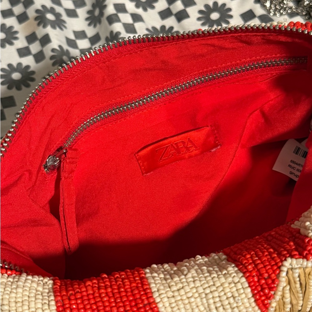 Zara Red and Cream Beaded Shoulder Bag - Picture 6 of 7